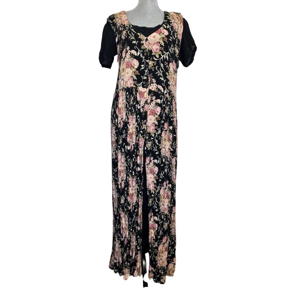 90’s Rose Foral Cottage Fairy Maxi Dress Medium Crinkle Coquette Grunge Retro